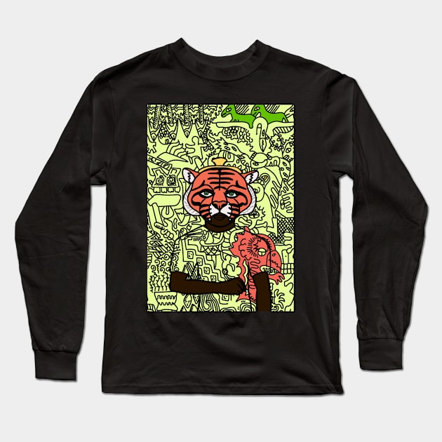 Switzerland - Green-Eyed Male Character with Animal Mask and Doodle Accent Long Sleeve T-Shirt by Hashed Art